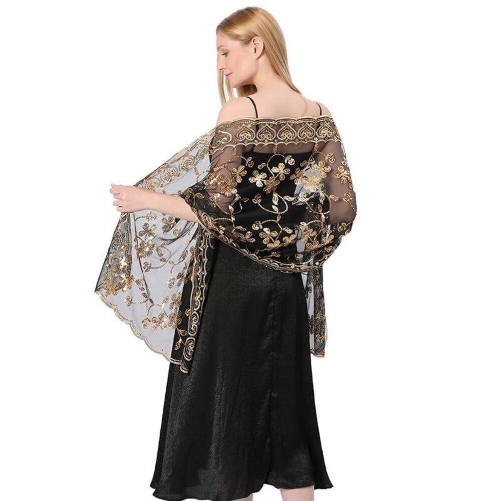 2962 Women Rectangle Glitter Floral Lace Shawls Wraps For Evening Dresses